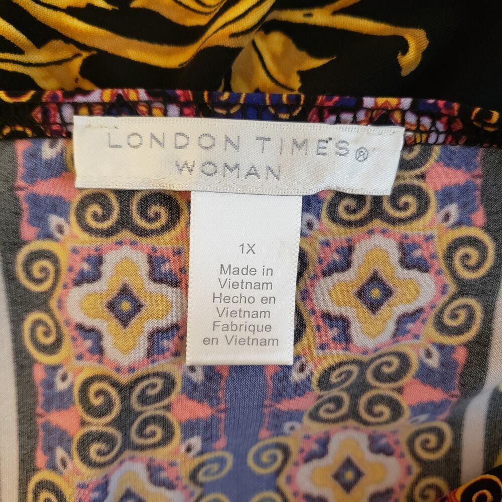 💃 London Times Mara Shift Dress – Geo Black Gold Paisley Print | Size 1X - Picture 9 of 9